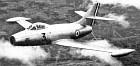 A fine aerial study of the third pre-series Ouragan: the tip-tanks still carry no fins. This aircraft was later the testbed for the HS403 afterburner developed for the Nene 104B